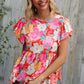 Feeling Femme' Coral Floral Print Folded Short Sleeve Babydoll Top