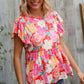 Feeling Femme' Coral Floral Print Folded Short Sleeve Babydoll Top