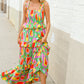 Sunny Days Abstract Print Tiered Ruffle Smocked Sleeveless Maxi
