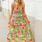 Sunny Days Abstract Print Tiered Ruffle Smocked Sleeveless Maxi
