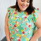 Mint Floral Yoke Flutter Sleeve Keyhole Back Top