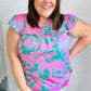 Pink & Green Floral Print Frilled Short Sleeve Yoke Top