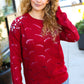 Casual Chic Burgundy Pointelle Lace Shoulder Knit Sweater