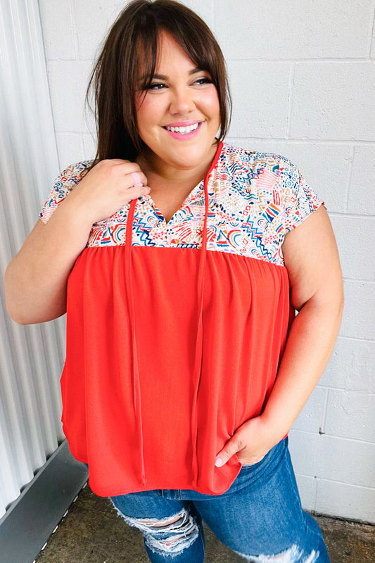 Red Boho Print Tie Neck Dolman Top