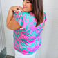 Pink & Green Floral Print Frilled Short Sleeve Yoke Top