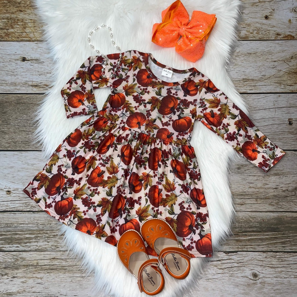 Orange & Cream Pumpkin Printed Long Sleeve Dress