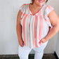 Coral & Light Blue Stripe Waffle Tie Neck Top