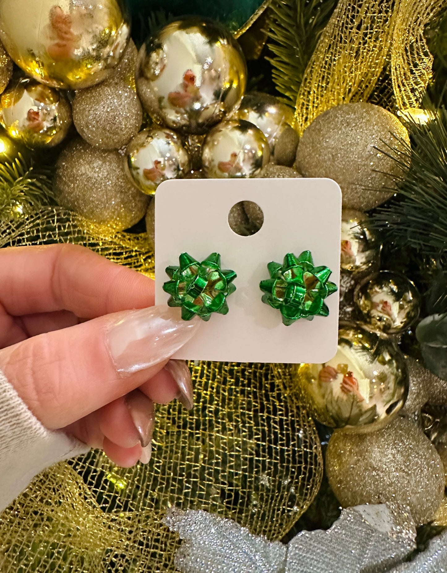 RTS Green Christmas Bow Earrings