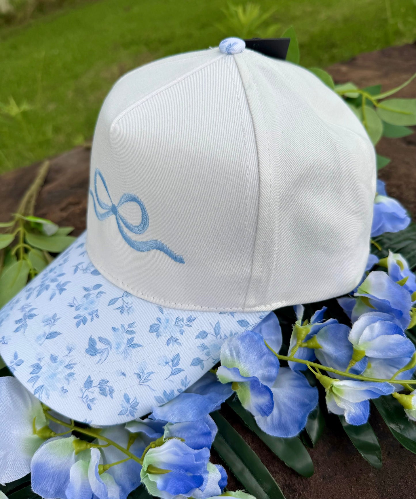 RTS Blue Embroidered Bow Floral Hat