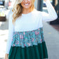 Charming Hunter Green Floral Frill Tiered Color Block Top