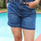 Indigo Blue High Rise Release Hem Distressed Jean Shorts