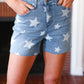 Light Wash Star Print High Rise Denim Shorts