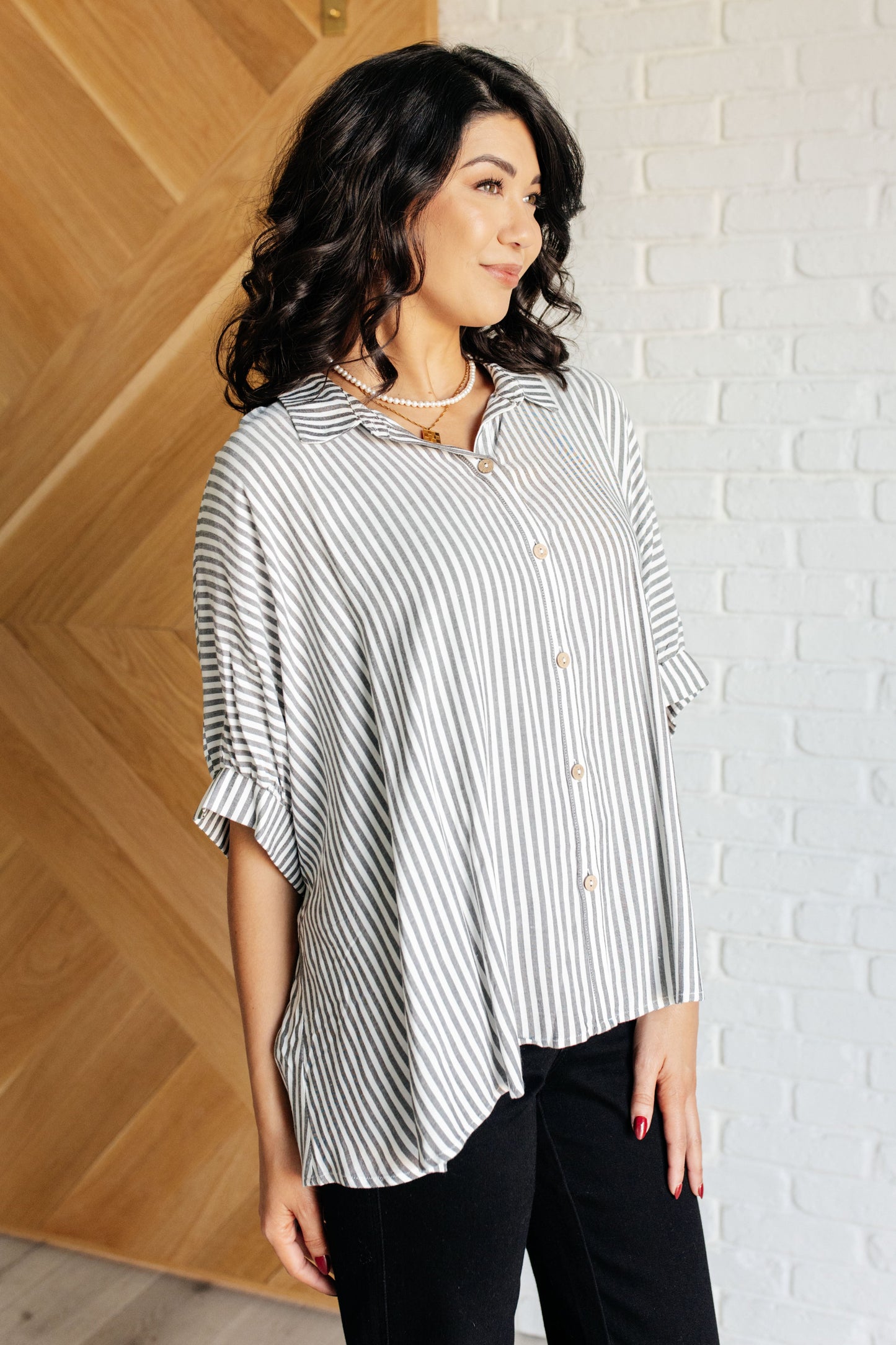 Boxy Striped Button Up in Black