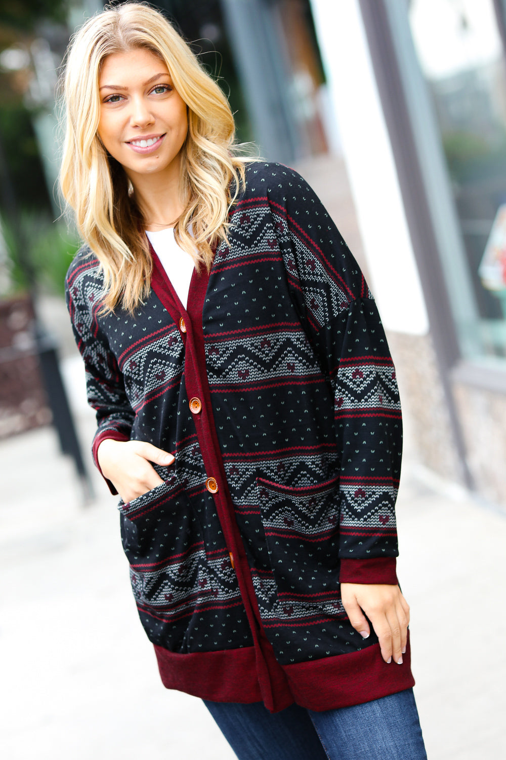 Classic Burgundy Holiday Print Button Cardigan