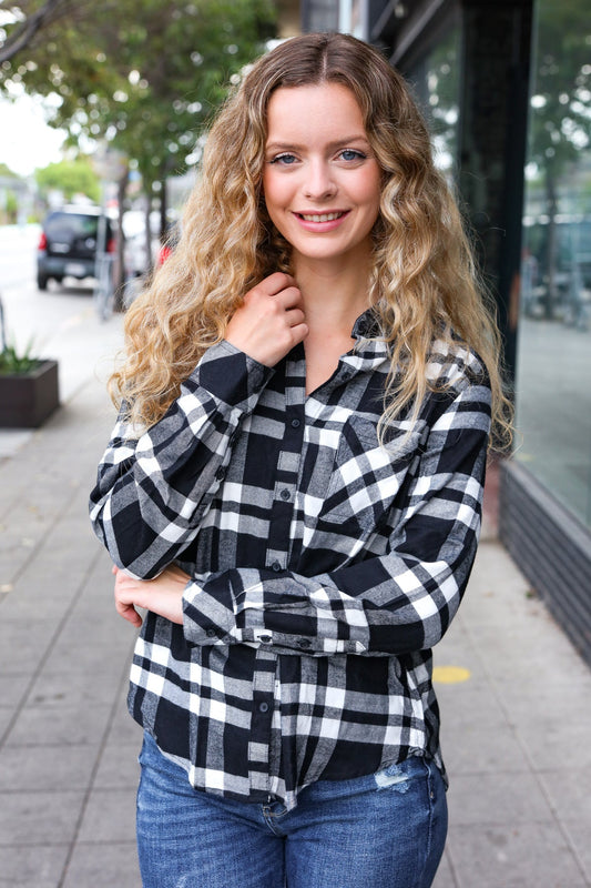 Casual Chic Black Plaid Button Down Long Sleeve Top