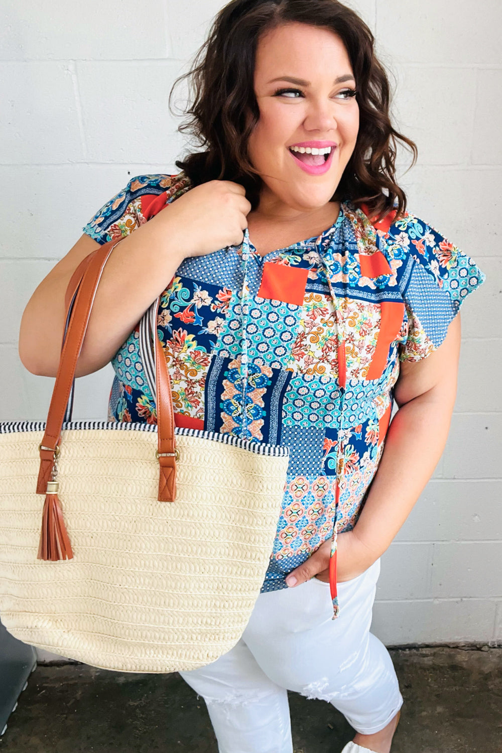 Blue & Orange Boho Patchwork Raglan Top