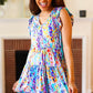 Just for Fun Aqua Floral V Neck Ruffle Sleeve & Hem Dress