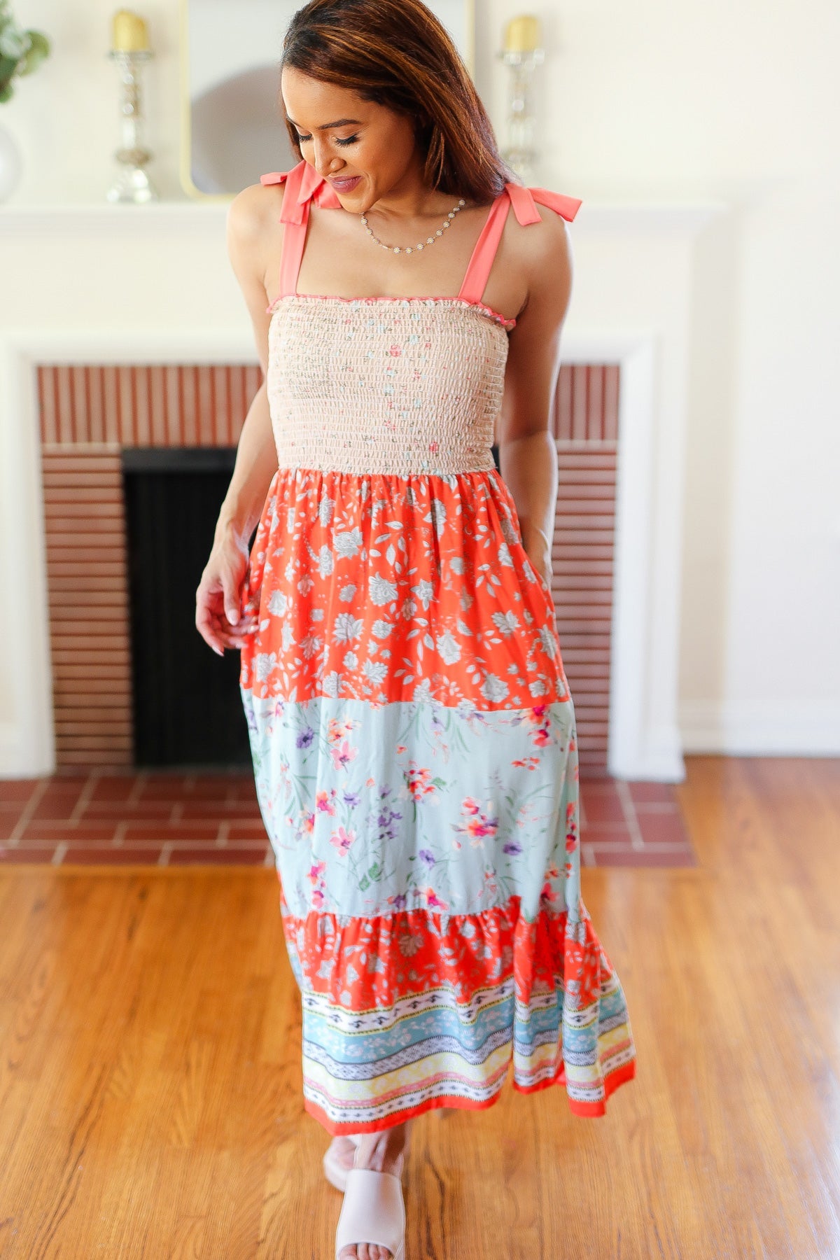 Vacay Vibes Taupe Floral Smocked Tube Top Tiered Maxi Dress