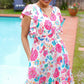 Hello Beautiful Ivory & Fuchsia Floral Sequin Smock Waist Midi Dress