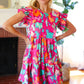 Look of Love Fuchsia Abstract Floral Print Smocked Ruffle Sleeve Dress