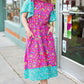 Charming Fuchsia & Mint Floral Frill Mock Neck Flutter Sleeve Midi Dress