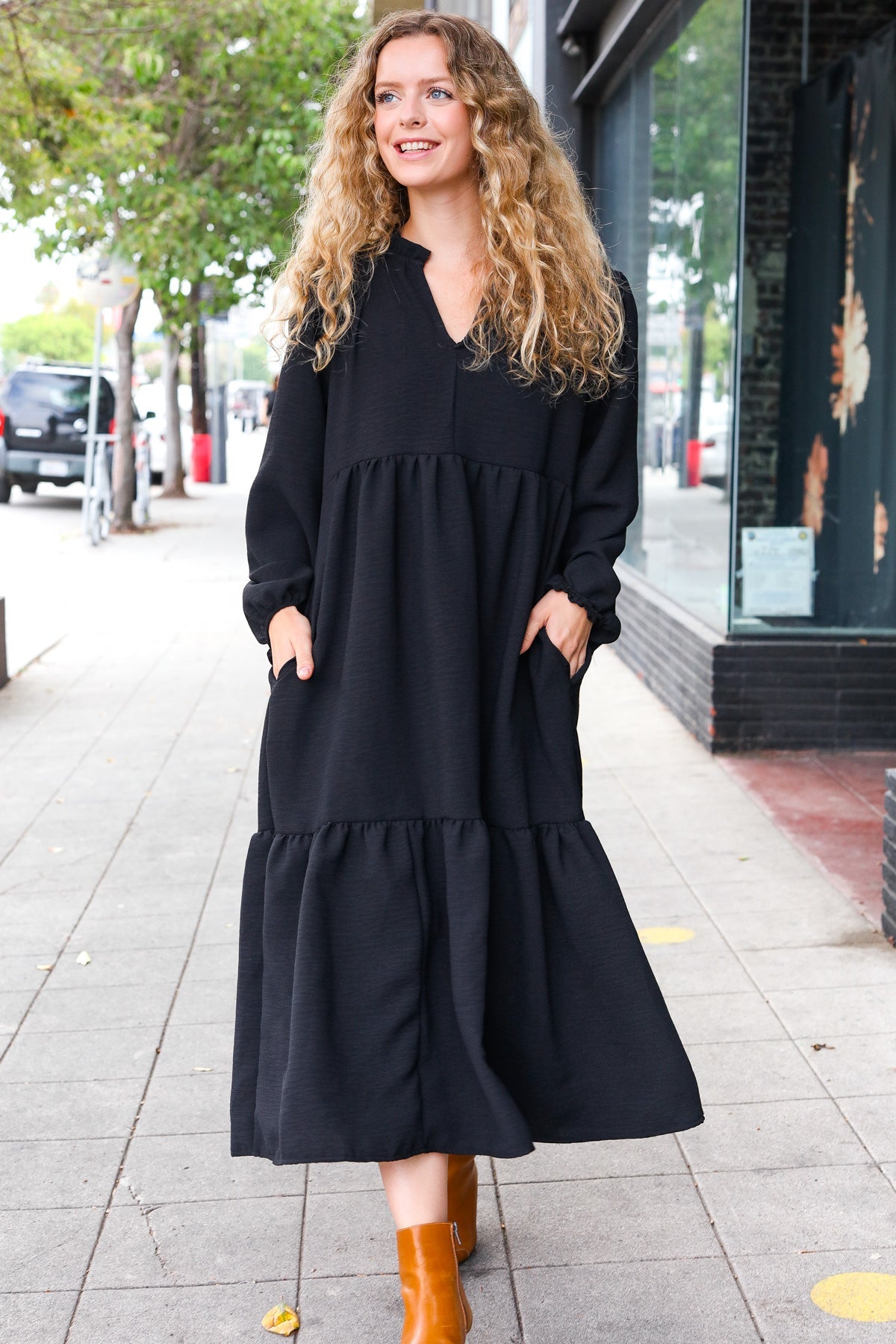 Lock Eyes Black Notched Neck Frill Hem Tiered Maxi Dress