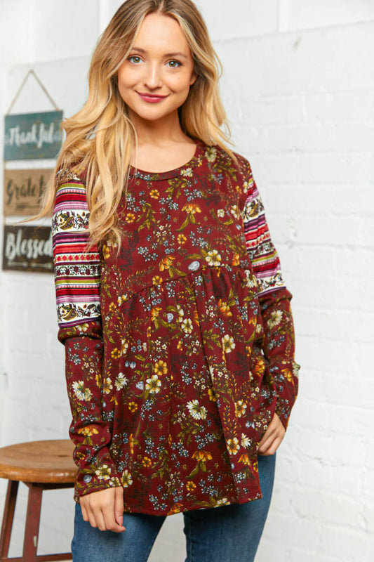 Burgundy Hacci Babydoll Ethnic Sleeve Top