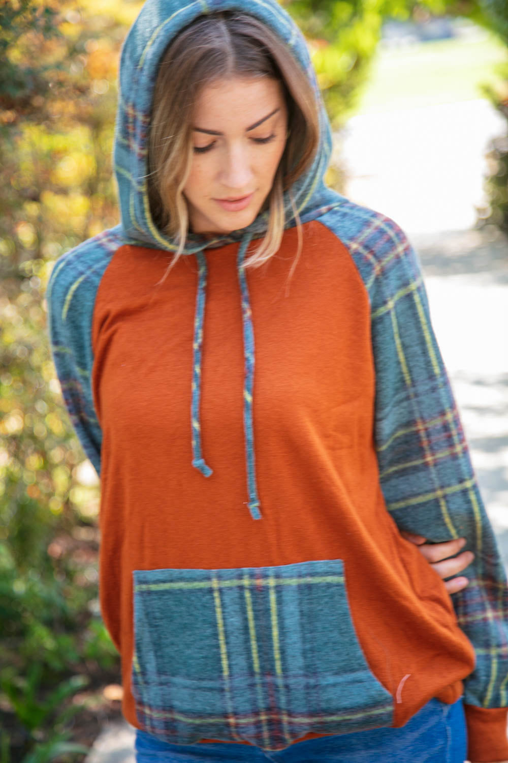 Rust Cashmere Feel Plaid Raglan Hoodie