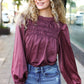 Be Your Best Wine Satin Shirred Yoke Frilled Mock Neck Top