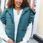 Feeling Festive Hunter Green Zipper Up Quilted Ruffle Sleeve Puffer Vest