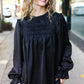 Be Your Best Black Satin Shirred Yoke Frilled Mock Neck Top