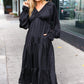 Elegant Black Elastic V Neck Tiered Satin Maxi Dress