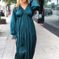 Elegant Hunter Green Elastic V Neck Tiered Satin Maxi Dress