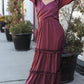 Holiday Vibes Wine Satin Front Overlap Smocked Back Maxi Dress