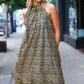 Embrace Joy Black & Gold Foil Animal Print Halter Lined Holiday Dress