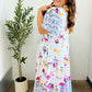 Beautiful You Ivory & Blue Floral Border Print Smocked Waist Dress