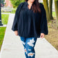 Boho Vibes Black Notched Neck Smocked Bubble Sleeve Top