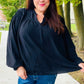 Boho Vibes Black Notched Neck Smocked Bubble Sleeve Top