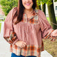 Under Your Spell Rust Plaid Color Block Notch Neck Top