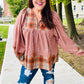 Under Your Spell Rust Plaid Color Block Notch Neck Top