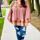 Under Your Spell Rust Plaid Color Block Notch Neck Top