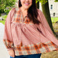 Under Your Spell Rust Plaid Color Block Notch Neck Top