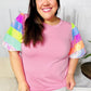 Stand Out Pink Rainbow Sequin Puff Sleeve Top