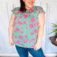 Sassy Green & Fuchsia Floral Ruffle Short Sleeve Yoke Top