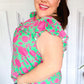 Sassy Green & Fuchsia Floral Ruffle Short Sleeve Yoke Top