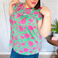 Sassy Green & Fuchsia Floral Ruffle Short Sleeve Yoke Top