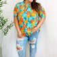 Vacay Ready Blue & Orange Floral Frill Mock Neck Top