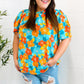 Vacay Ready Blue & Orange Floral Frill Mock Neck Top