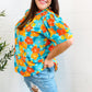 Vacay Ready Blue & Orange Floral Frill Mock Neck Top