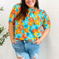 Vacay Ready Blue & Orange Floral Frill Mock Neck Top